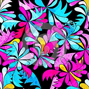 Brightly colored abstract flowers on a black background seamless pattern vector illustration