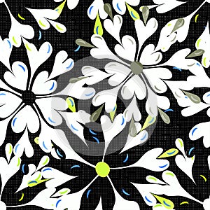 Brightly colored abstract flowers on a black background seamless pattern vector illustration