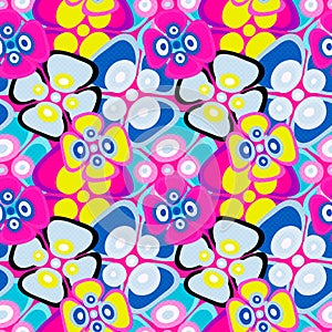 Brightly colored abstract flowers on a black background seamless pattern vector illustration