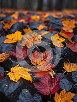 Brightly colored autumn leaves on forest floor