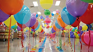 Brightly colored balloons and streamers adorn the aisles creating a whimsical atmosphere that kids will surely love photo