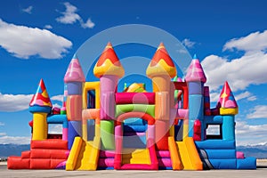 a brightly colored bounce house set against a blue sky