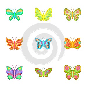 Brightly colored butterfly icons set cartoon style