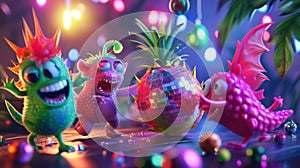 Brightly colored cartoon creatures busting a move under the psychedelic glow of a dragon fruit disco ball photo