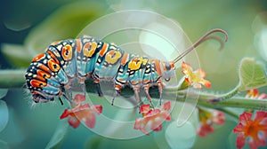 A brightly colored caterpillar on a branch with pink flowers photo