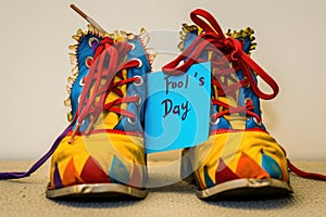 Brightly colored clown footwear, festooned with a blue jest, set a whimsical tone.