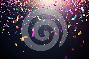 Vibrant celebration confetti falling on dark background