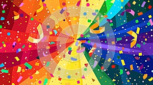 brightly colored confetti falling from a rainbow umbrella,