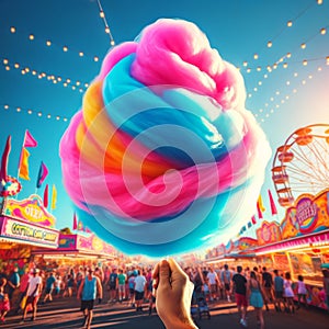 A brightly colored cotton candy spiral upward at a bustling summer fair, with rides and lights in the background