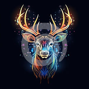 A brightly colored deer head on black background. Mammals. Wild Animals.