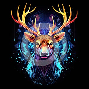 A brightly colored deer head on black background. Mammals. Wild Animals.