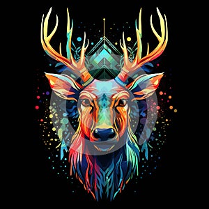 A brightly colored deer head on black background. Mammals. Wild Animals.