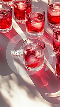Brightly colored drinks arranged on a striped surface with reflections in sunlight