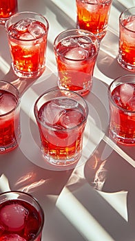 Brightly colored drinks arranged on a striped surface with reflections in sunlight