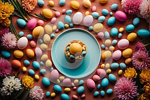 Easter-themed Eggs and Flowers on Kitchen Table