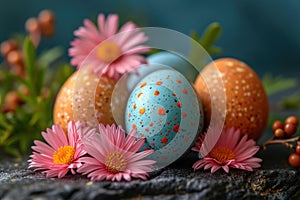 Brightly colored Easter eggs adorned with flowers