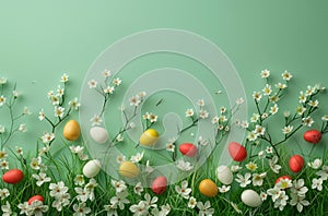 the brightly colored eggs, easter grass, pecking order and white flowers are placed on a green background