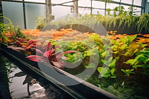 brightly colored and exotic plants in aquaponics system