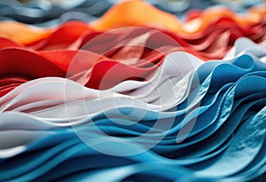 Colorful fabric waves in red, white, and blue create a vibrant, flowing pattern