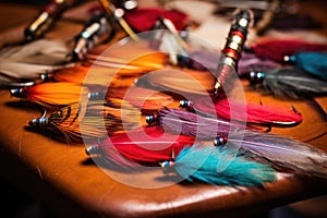 brightly colored fly fishing lures on a leather patch