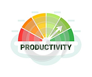 Brightly colored gauge showing productivity levels with an upward pointing arrow on a light background