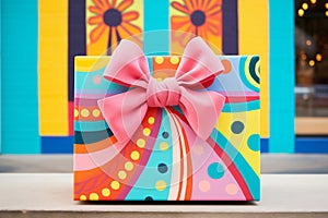 a brightly colored gift box with a large bow