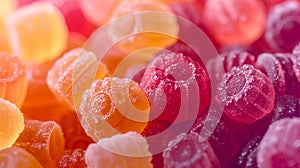 Brightly colored gummy floral candies, dusted with sugar for a delightful sweet texture