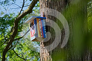 Brightly colored handcrafted bird nesting box