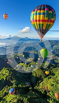 Brightly colored hot air balloons drifting gracefully across stunning mountain vistas photo