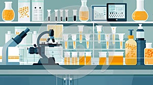 A brightly colored illustration of a laboratory setting showcasing skincare product analysis with beakers, test tubes