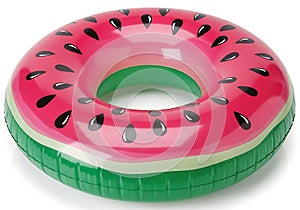 Brightly colored inflatable watermelon slice shaped pool float ring isolated on white background