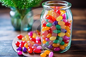 brightly colored jelly beans in a tall glass jar