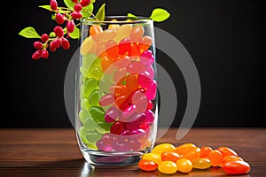 brightly colored jelly beans in a tall glass jar