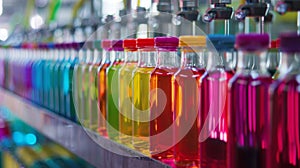 The brightly colored liquid is carefully poured into the bottles its vibrant hues a testament to the highquality photo