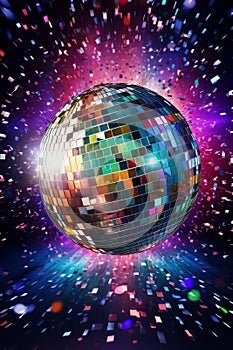 Brightly colored mirror disco ball background. Nightclub party poster