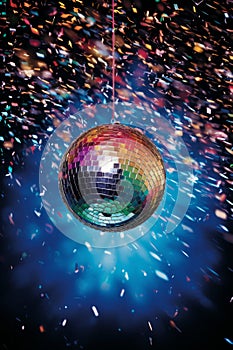 Brightly colored mirror disco ball background. Nightclub party poster