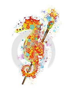 brightly colored orange seahorse on a white background on a brush for painting