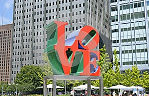 The brightly colored outdoor Love public sculpture in Love Park, in Philadelphia, Pennsylvania