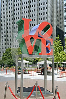 The brightly colored outdoor Love public sculpture in Love Park, in Philadelphia, Pennsylvania