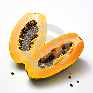 Brightly Colored Papaya Half On White Background With Seeds