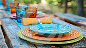 Brightly colored plates and napkins set up on a wooden picnic table adding a touch of charm to the outdoor setting