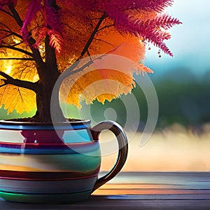 A brightly colored red an orange tree growing from a mug. Generative AI