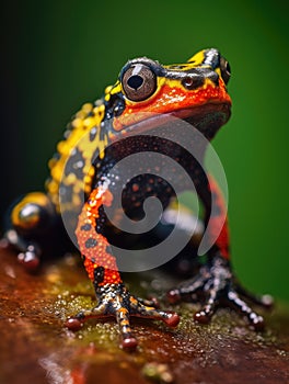 Brightly colored red, yellow and black poison dart frog sitting on top of green leaf. This vibrant coloration is