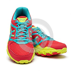 Brightly colored running shoes featuring a red mesh upper for breathability, photo