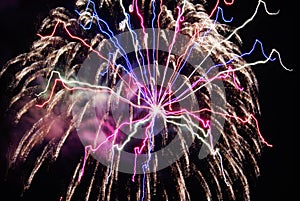 Colorful squiggly firework lines in the sky. photo