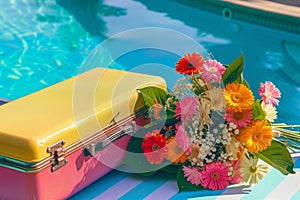 brightly colored suitcase lying beside a bouquet of poolside flowers