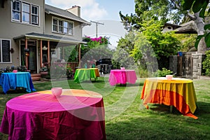 brightly colored tablecloths on tables in the houses front yard