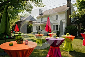 brightly colored tablecloths on tables in the houses front yard
