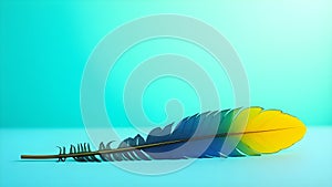 A brightly colored tropical bird feather resting on a turquoise surface