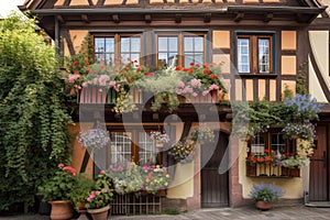 brightly-colored tudor house with hanging baskets and flower boxes